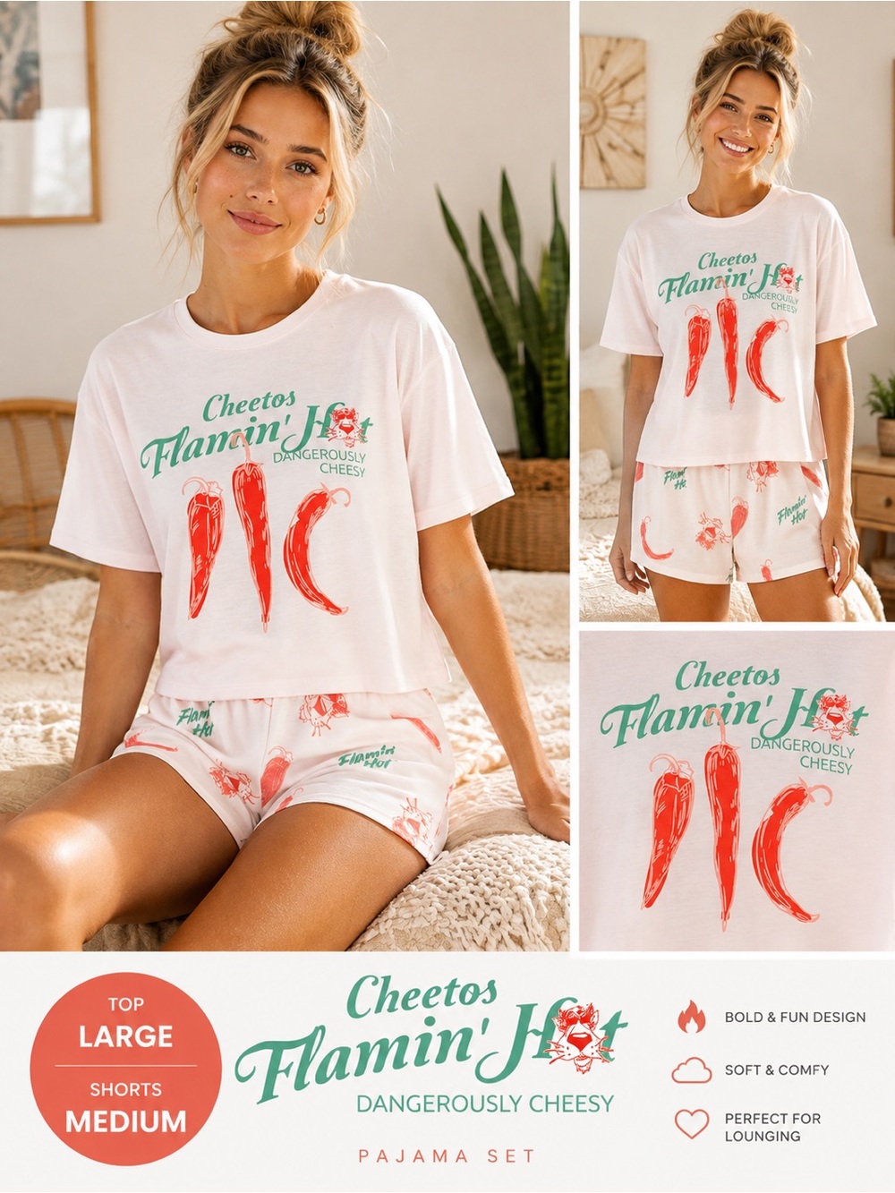 Flamin' Hot Graphic Short Pajama Set - White/Pink
